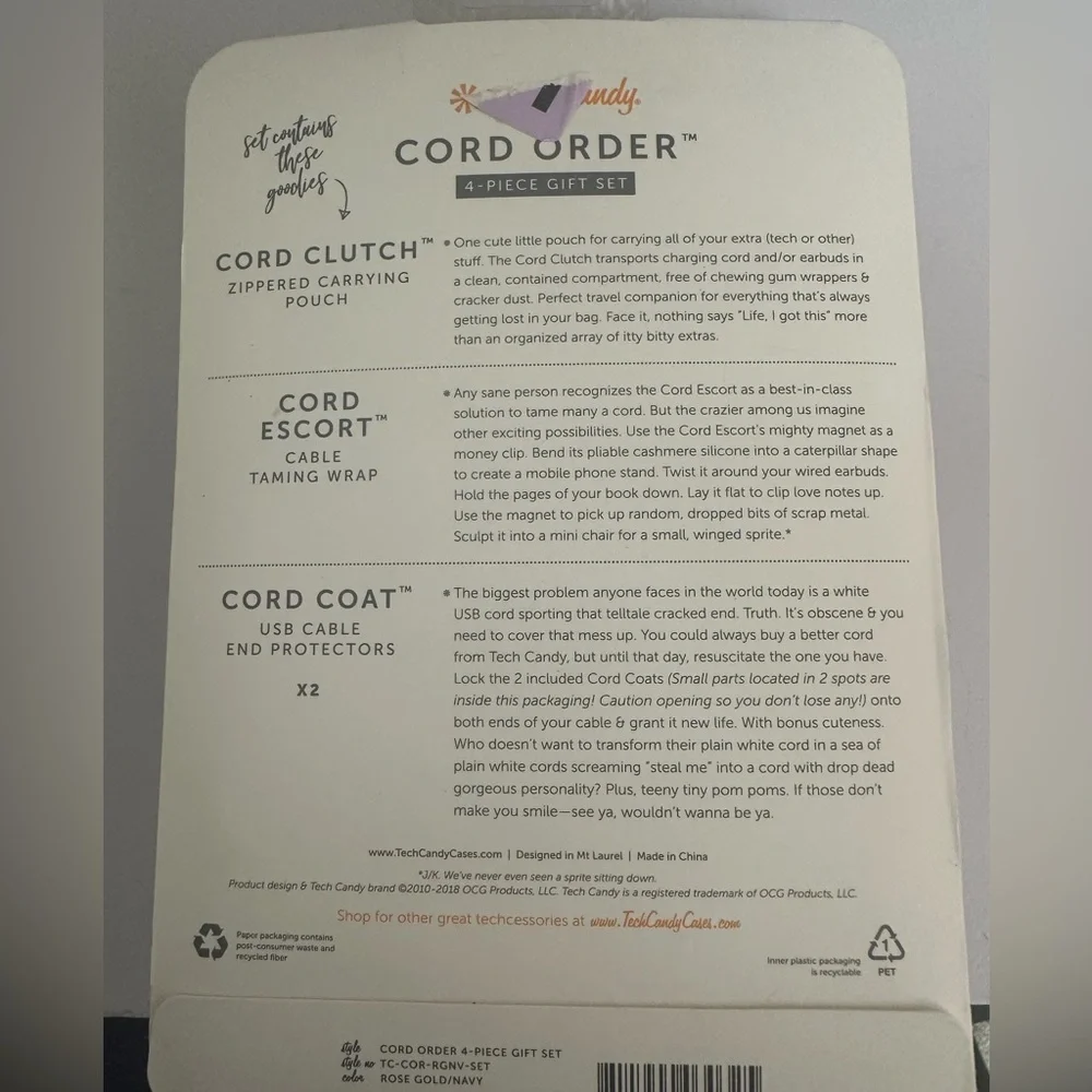 NIB Tech Candy Cord Order 4 piece set Cord Clutch, USB protectors & cord escort